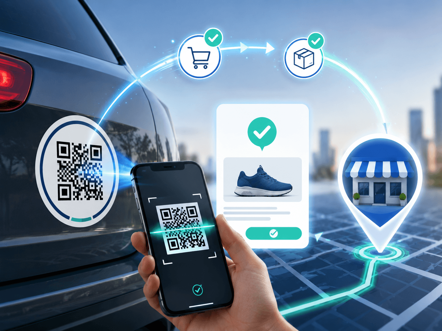 A QR-coded sticker linking an offline scan to an online conversion for attribution.